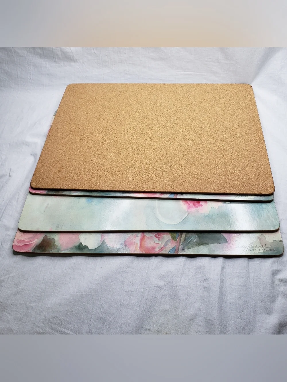 Four Vintage Judy Buswell Placemats Watercolor Roses Cork Bottom 1990s